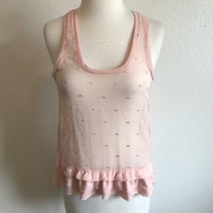 American Eagle Pink Part Sheer Polka Dot Ruffle Hem Tank Top
